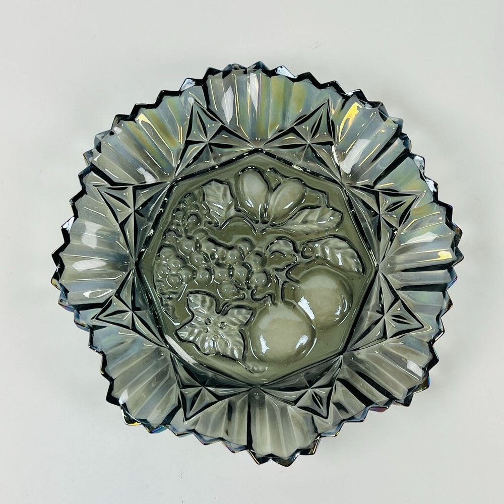 Vintage Smoky Gray Carnival Glass 11in Scalloped Fruit Bowl